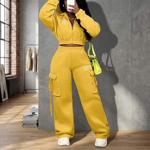 Women Yellow Hooded Tracksuit Full Sleeve Solid Color <b>Cargo</b> <b>Pants</b> Loose Fit Streetwear Autumn Plus Size Adult Sweatshirt Set - Product Image 5