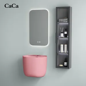 Pia de cerâmica para banheiro CaCa, 1 peça, design moderno, rosa, meio pedestal pendurado na parede