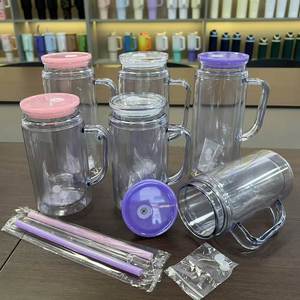 Gobelet double paroi 20oz type globe à neige avec poignée, en plastique AS, style Mason, avec fond perforé et paille externe, pour la personnalisation de tasses à bière - Product Image 1