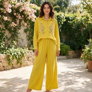 Conjunto de 2 Piezas para Mujer, Camisa de Manga Larga con Cuello y Bordado Floral, Pantalones Anchos con Cintura Elástica, Estilo Casual para Primavera, Otoño y Vacaciones - Product Image 6
