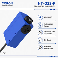Sensor Warna CORON NT-G22-P Cahaya Hijau Jangkauan Deteksi 10±2mm untuk Mesin Label Warna Deteksi PNP NO/NC Output 12-24VDC