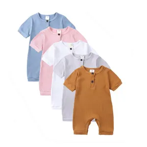 Yüksek kaliteli Jumper düz bebek giysileri nervürlü pamuk yaz yenidoğan günlük Sleepsuit Onesie