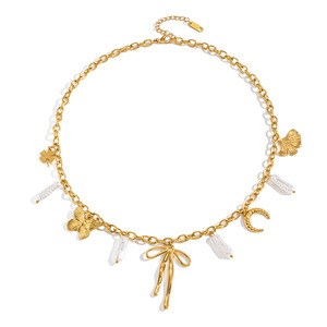 <span class=keywords><strong>Collier</strong></span> avec pendentif nœud en fausses perles pour femme, en acier inoxydable plaqué or 18 carats PVD, style vacances à la plage, été, quotidien, voyage - Product Image 6