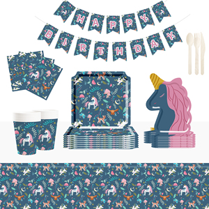 Décorations d'anniversaire licorne DAMAI comprenant des assiettes à dîner, des assiettes à dessert, des serviettes, des gobelets, une bannière et une nappe pour kit de fête licorne pour 8 personnes - Product Image 1