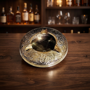<b>Vintage</b> Brass Round Desktop <b>Ashtray</b> with Intricate Engraved Design for Home Decor - Product Image 3