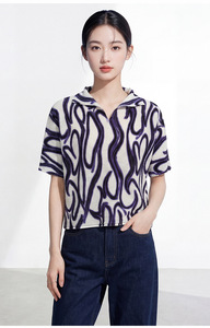 PY Korean Style Casual Geometric Loose Pleated T-shirt Women Fashion Print Stand Collar Short Sleeve Blouse 100% Polyester Bulk - Product Image 6