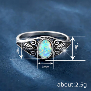 T0948 Women's 925 Sterling <b>Silver</b> <b>Opal</b> <b>Ring</b> Feather Design Antique <b>Silver</b> Plated Bezel Setting Gift Jewelry - Product Image 4