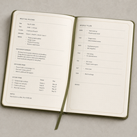 Carnet de notes exécutif LABON personnalisé A5 en cuir végétalien avec monogramme, dorure à chaud, grille à points, planificateur de réunions, bande élastique