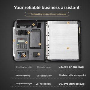 Porte-documents en cuir multifonction personnalisable avec chargeur sans fil, support pour ordinateur portable, calculatrice, format A4, batterie externe professionnelle et gestionnaire de feuilles mobiles - Product Image 3