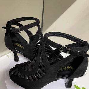 Sandales de danse de salon noires en cuir de maille pour femmes <span class=keywords><strong>Salsa</strong></span> Latin Jazz Dancing Heels Beginner Practice Boots - Product Image 1