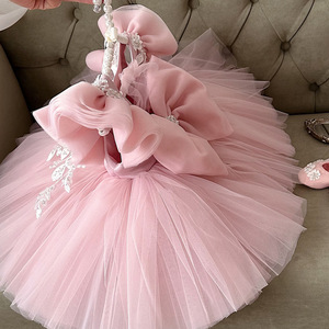 Robe de fête formelle rose respirante et douce pour la peau avec nœud à volants pour filles, idéale pour anniversaire, <span class=keywords><strong>mariage</strong></span> et occasions spéciales - Product Image 3