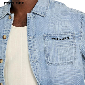 ชุดเซ็ตเสื้อแจ็คเก็ตยีนส์ติดกระดุมและกางเกงขาสั้นเดนิมลายปะติดสไตล์ซาชิโกสำหรับผู้ชาย แบรนด์สตรีทแวร์ ขายส่ง - Product Image 3