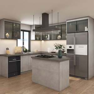 Mueble de Cocina Modular en Forma de L con Puertas de Vidrio, Protector Contra Salpicaduras, Construcción de Madera Contrachapada, Iluminación y Diseño Duradero - Product Image 1