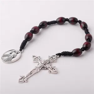 8*10mm Wine Red Wooden Cording Catholic Religious Jewelry Decade Pocket Divine Mercy Medal Rosary with Antique Silver Crucifix
