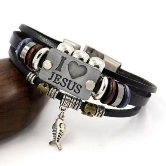 Q749 je t'aime jésus Vintage cuir Wrap poignet bande corde chrétien Bracelet réglable Bracelets et Bracelets
