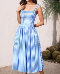 OEM Offre Spéciale robe d'été décontractée pour les femmes Plaids brodés 100% coton bohème épissé robe mi-longue - Product Image 1