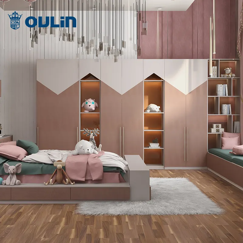 Vendita calda di legno moderna camera dei bambini rosa carino ragazze dei bambini camera da letto di personalizzazione con scrivania e armadi