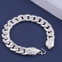 Bracelet plat en argent plaqué 13 mm pour homme - Style d'Asie du Sud-Est - Chaîne cubaine à fermoir unique - Cadeau pour la Saint-Valentin et le Nouvel An