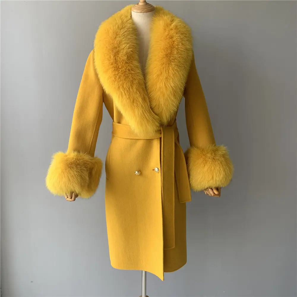 Autumn Winter Luxury Women's Cashmere Long Trench Coat With Real Fox Fur Collar Wool Coat