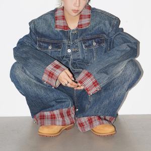 ชุดเดนิมวินเทจใหม่ แบบสั่งทำ ลายตารางแดงน้ำเงิน ทรงหลวม ลุคทำเก่า ซักฟอกแล้ว เสื้อแจ็คเก็ตเดนิมและกางเกงยีนส์สำหรับผู้ชาย - Product Image 5