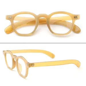 Kacamata Klasik Tanduk Tanduk Kerbau Asli, Lensa Mata Bulat Warna Krem