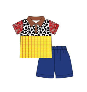 BSSO1985 Conjunto de ropa personalizado para bebé, diseño de vaca, leopardo, estampado a cuadros amarillos, conjunto de ropa para niños, venta al por mayor, conjunto de manga corta - Product Image 6