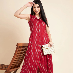 Conjunto de Pantalón y Kurta de Verano para Mujer, sin Mangas, Elegante, Rojo, de Tela Suave y Transpirable, 100% Poliéster - Product Image 1