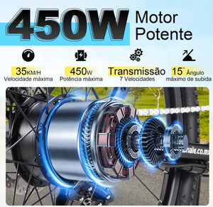 Vélo électrique pliable à suspension avant 7 vitesses, frein à disque, 450W MAX, autonomie 50KM, pneus pneumatiques, acier au carbone intégré, 7 heures d'autonomie - Product Image 2