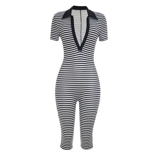 PEEQI D26JP197 Nuova Tuta Estiva da <span class=keywords><strong>Donna</strong></span> alla Moda, Stampa a Righe, Scollo a V, Manica Corta, Monopezzo Modellante - Product Image 5