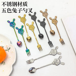 Cartoon Rabbit Stainless Steel Spoon And <b>Fork</b> Set For <b>Dessert</b> Coffee Kids Tableware Creative Golden Design - Product Image 5
