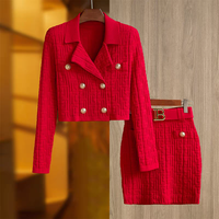 Ensemble tricoté géométrique uni style rétro pour femme, cardigan court à revers double boutonnage à manches longues, jupes slim avec ceinture, imprimé automne