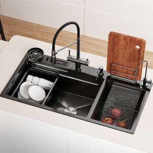 Évier de cuisine double grand format en acier inoxydable à encastrer, motif nid d'abeille, avec porte-couteaux - Product Image 1