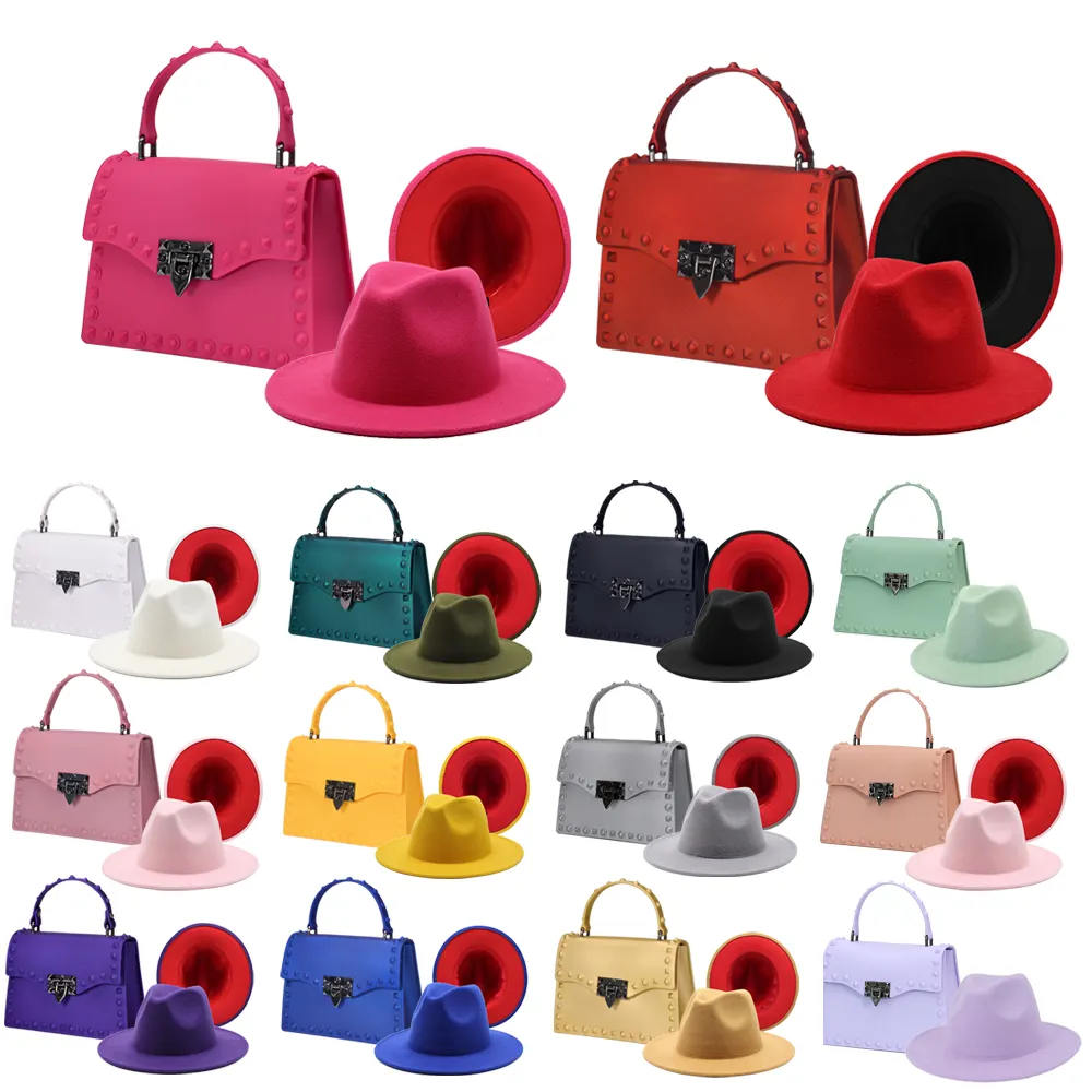 2022 हैंडबैग फैशन पीवीसी महिलाओं के हैंडबैग सेट फेडोरा टोपी और कीलक हैंडबैग महिलाओं के लिए सेट डिजाइनर लक्जरी लाल बैग