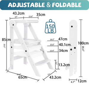 Tabouret <span class=keywords><strong>de</strong></span> cuisine pliable en <span class=keywords><strong>bois</strong></span> pour enfants à 3 hauteurs réglables, tour d'apprentissage Montessori pour enfants avec barres <span class=keywords><strong>de</strong></span> sécurité - Product Image 5