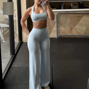 Women's Solid Two-Piece Yoga Crop Top and Leggings Set Custom Logo Front Position High Waist Eco-Friendly <b>Activewear</b> <b>Wholesale</b> - Product Image 1