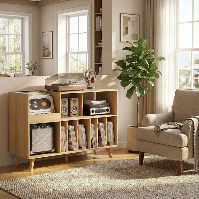 48'' Record Player Stand with Storage Wood Vinyl Record Storage Holder with Display Area Turntable Stand Record Player Table