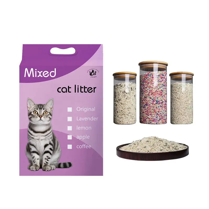 Disuelva rápidamente muestras gratis mezclar arena para gatos planta de materias primas varias fragancias mezcla de tofu arena para gatos