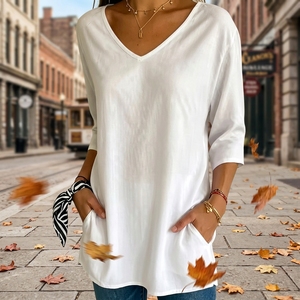 T-shirt Casual da Donna 2026 Stile Europeo Americano con Scollo a V, a Righe e <span class=keywords><strong>Pois</strong></span>, Manica Regolare, in Poliestere - Product Image 1