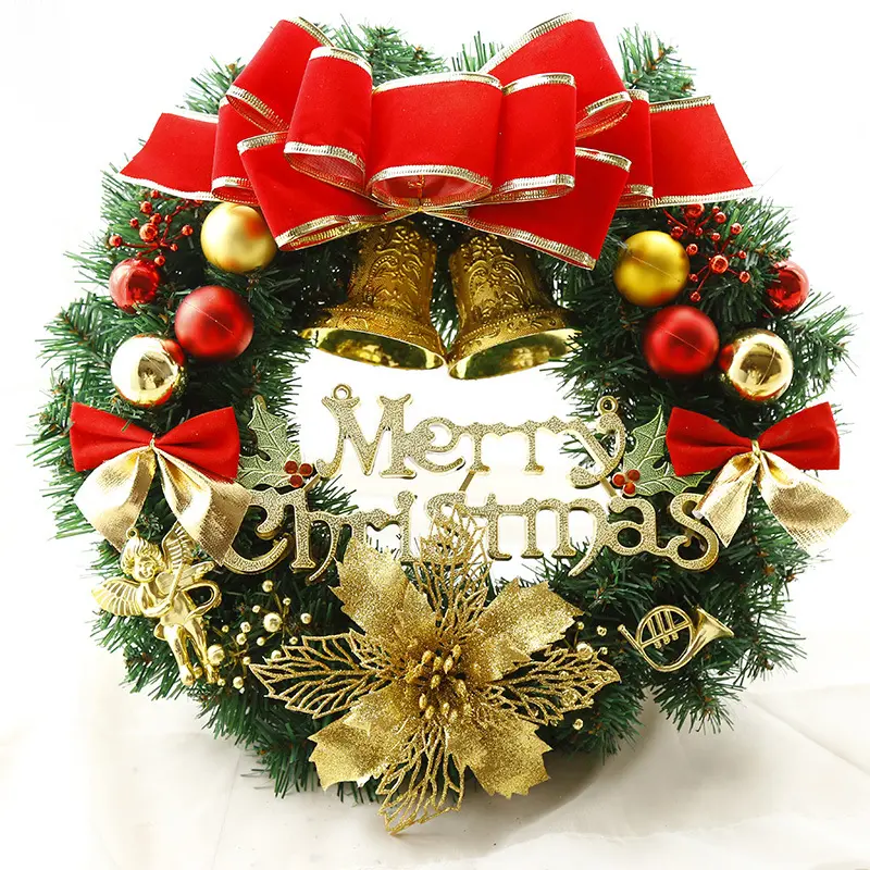 Gold red Christmas tree wreath round ball artificial flower garland for decorate in wall door Christmas tree indoor