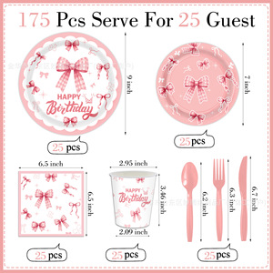 Bow-Themed Birthday Party Tableware Set Paper Cups Napkins <b>Disposable</b> <b>Plates</b> Party Supplies Kit - Product Image 2
