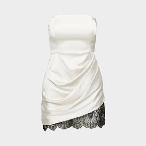 Elegant <b>White</b> Satin Strapless Pleated Short <b>Skirt</b> with Hem Lace Fashionable Party-style Women's Outfit - Product Image 1