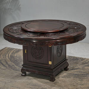 Set di Tavolo da Pranzo e Sedie in Palissandro Nero Indonesiano Standard Nazionale, Stile Classico Cinese con Giradischi in Palissandro a Foglia Larga Intagliato - Product Image 5