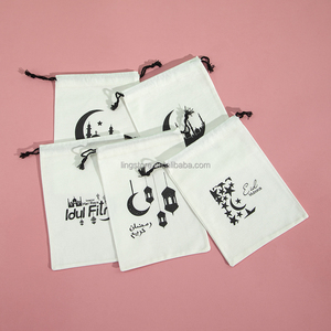 <b>White</b> Printed Cotton Linen Drawstring Pouch for Moslem Jewellery Essential Oils Candles Packaging for Eid Al-Fitr Gift Dust <b>Bags</b> - Product Image 5