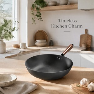 Deep Carbon Steel Chinese Wok Secure Riveted Wooden Handle Stir Fry <b>Pan</b> Extra Deep Non Stick Frying <b>Pan</b> Without Chemical Coating - Product Image 1