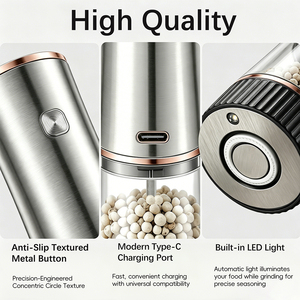 Rechargeable Stainless Steel Salt and <b>Pepper</b> Mill Set with White LED Light Portable Design for Chefs - Product Image 3