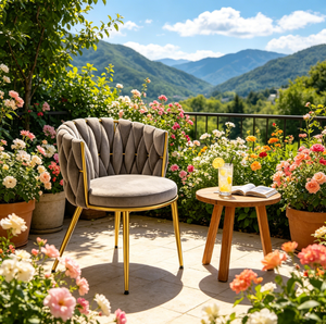 Chaise de salle à manger moderne de luxe nordique en velours tissé avec pieds en métal doré, dossier et rembourrage doux pour la maison, le restaurant, le café, la chambre et le salon - Product Image 1