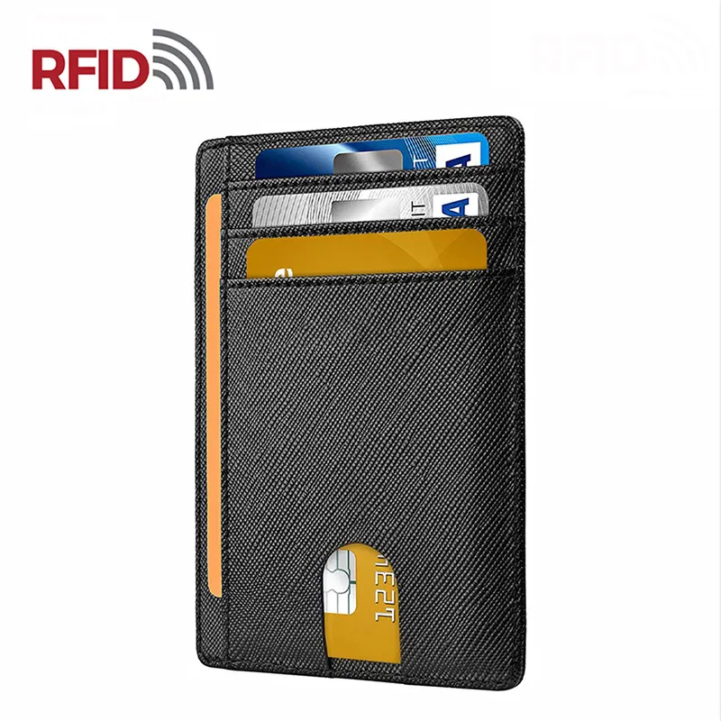 Credit Card Holder Mini Wallet Minimalist Saffiano Smooth Crazy Horse Leather Rfid Slim Id Card Holder Wallet