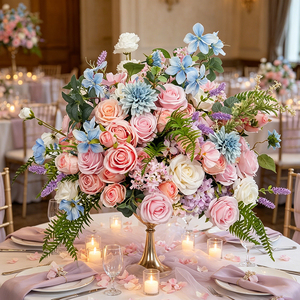 DKB Bouquet de fleurs artificielles en soie à bas prix, roses, pivoines, grandes fleurs roses pour mariage, fête, décoration de table à la maison - Product Image 1