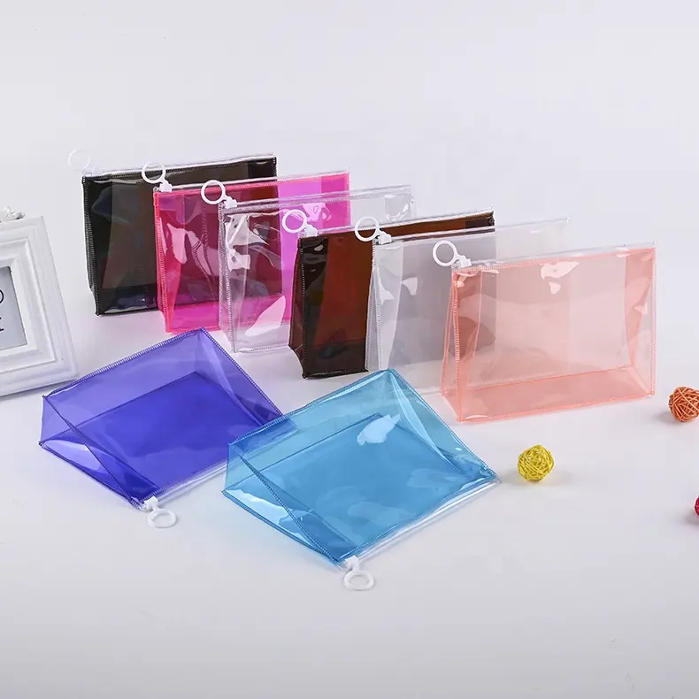 Pochettes cosmétiques en PVC transparentes avec Logo personnalisé, sac de maquillage pour voyage et toilette, avec fermeture éclair, grande qualité, couleurs mélangées, pièces