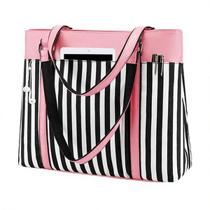 Women's Lightweight Cotton Canvas Small Laptop Tote Bag for Work 15.6 Inch Letter Pattern Zipper Closure Shoulder Bag - Product Image 2